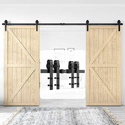 Black J Shape Hanger Simple and Easy to Install Fit 1 3/8-1 3/4 Thickness Door Panel Homlux 8ft Heavy Duty Sturdy Sliding Barn Door Hardware Kit Double Door Single Rail Smoothly and Quietly 