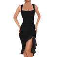 thumbnail image 1 of Vestido Midi Ajustado Fruncido para Mujer, Escote Cuadrado, Sin Mangas, Bajo con Volantes, Vestido de Fiesta para Discoteca, Negro, Talla L, 1 of 7