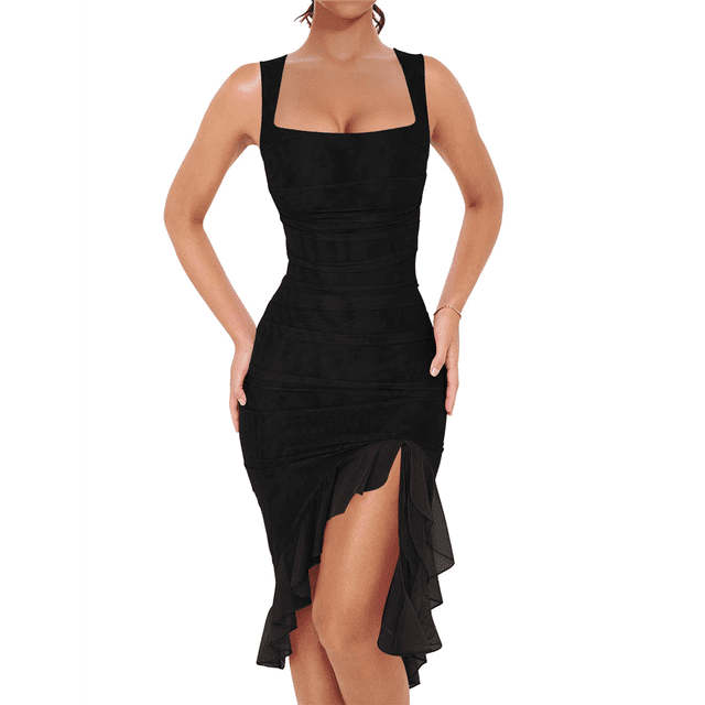Vestido Midi Ajustado Fruncido para Mujer, Escote Cuadrado, Sin Mangas, Bajo con Volantes, Vestido de Fiesta para Discoteca, Negro, Talla L