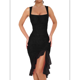 thumbnail image 1 of Vestido Midi Ajustado Fruncido para Mujer, Escote Cuadrado, Sin Mangas, Bajo con Volantes, Vestido de Fiesta para Discoteca, Negro, Talla L, 1 of 7