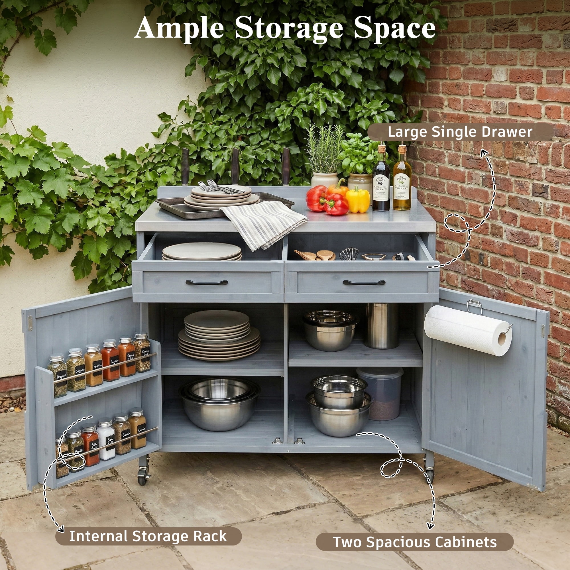 Mintazer 39.4" Outdoor Kitchen Island with Stainless Table Top & Storage Racks, Storage Kitchen Cabinet with Drawer & Adjustable Shelves, Gray