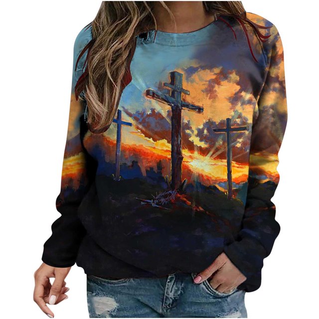 CLESALE Hauts pour Femmes Manches Longues Automne Liquidation Chandails en Molleton Décontractés à Imprimé Croix Tendance Col Rond T-Shirts Amples
