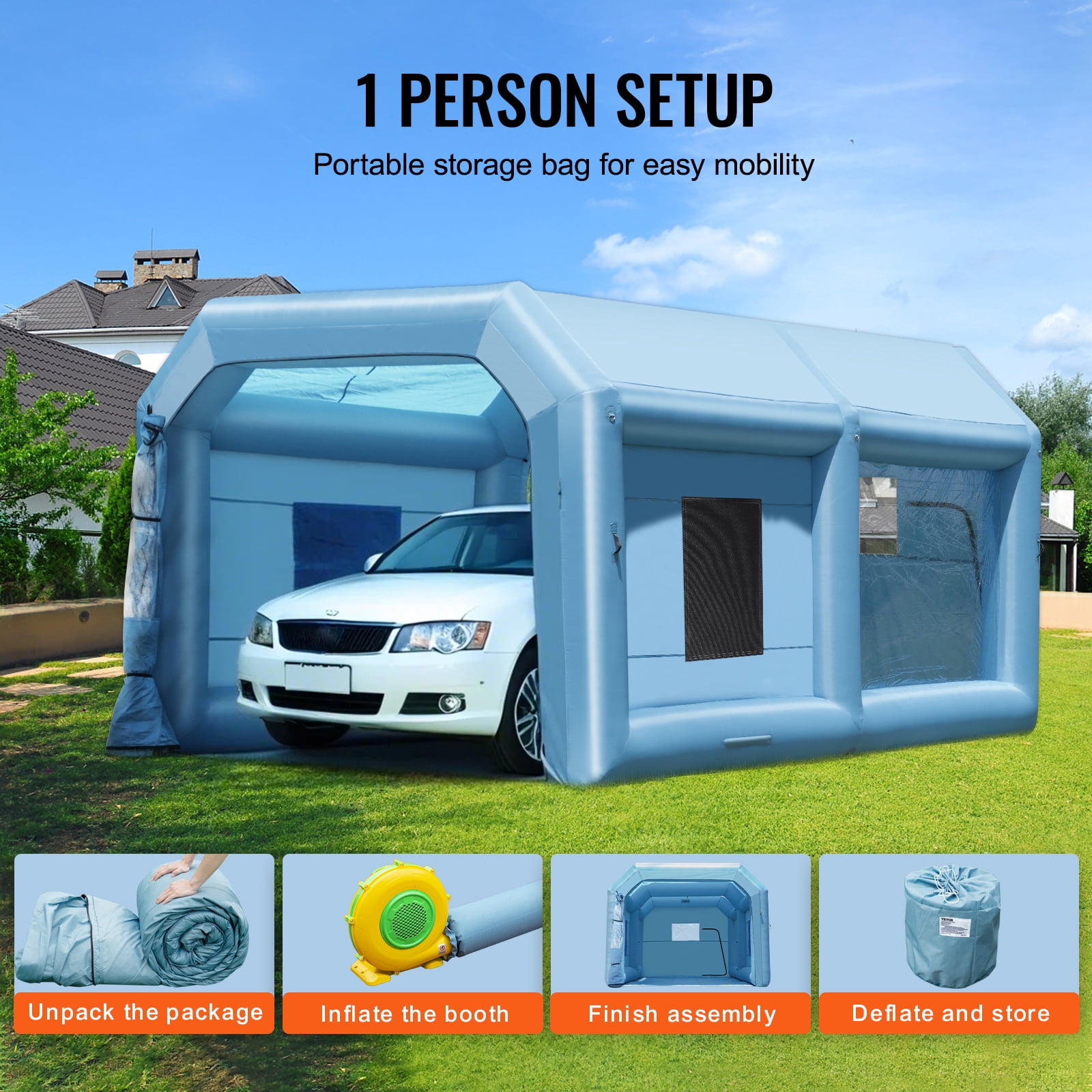 KFFKFF Inflatable Paint Booth, 21x13.5x9.8 ft, Includes 1100W Blower & Filtration System, Ideal for Mid-Size Vehicles & Bulky Furniture