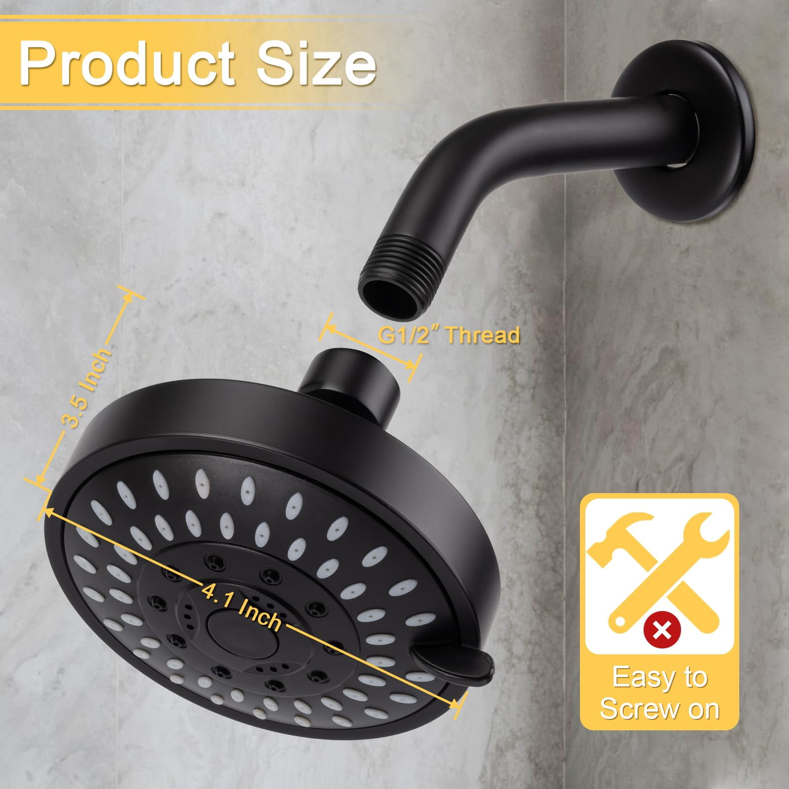 Shower Head High Pressure Rain Fixed Showerhead 5-Setting with Adjustable Metal Swivel Ball Joint - Relaxed Shower Experience Even at Low Water Flow & Pressure