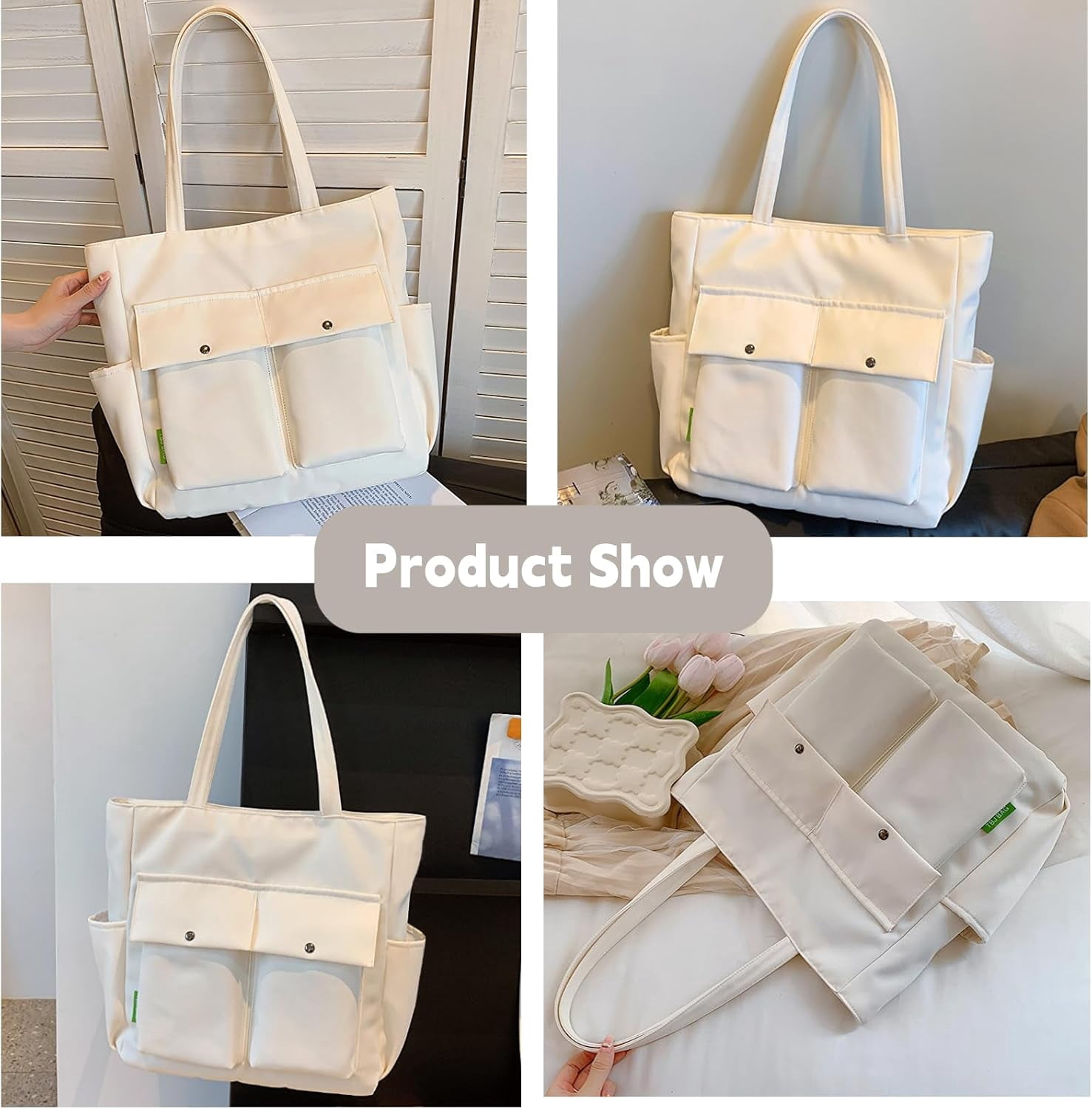 Women Multi Pockets Zipper Waterproof Lightweight Tote Bag Casual Large Shoulder Handbags Cute Canvas College Totes