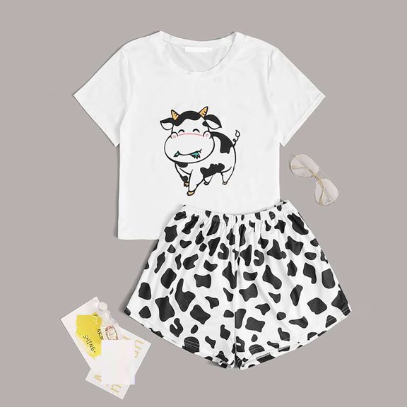 LIZUOJUN Pajamas for Women Lightweight Breathable Cow Print Short Sleeve Shorts Cute Cartoon Soft Sleepwear Loungewear 2 Piece PJ Set Summer Casual Wear Daily Wear - L