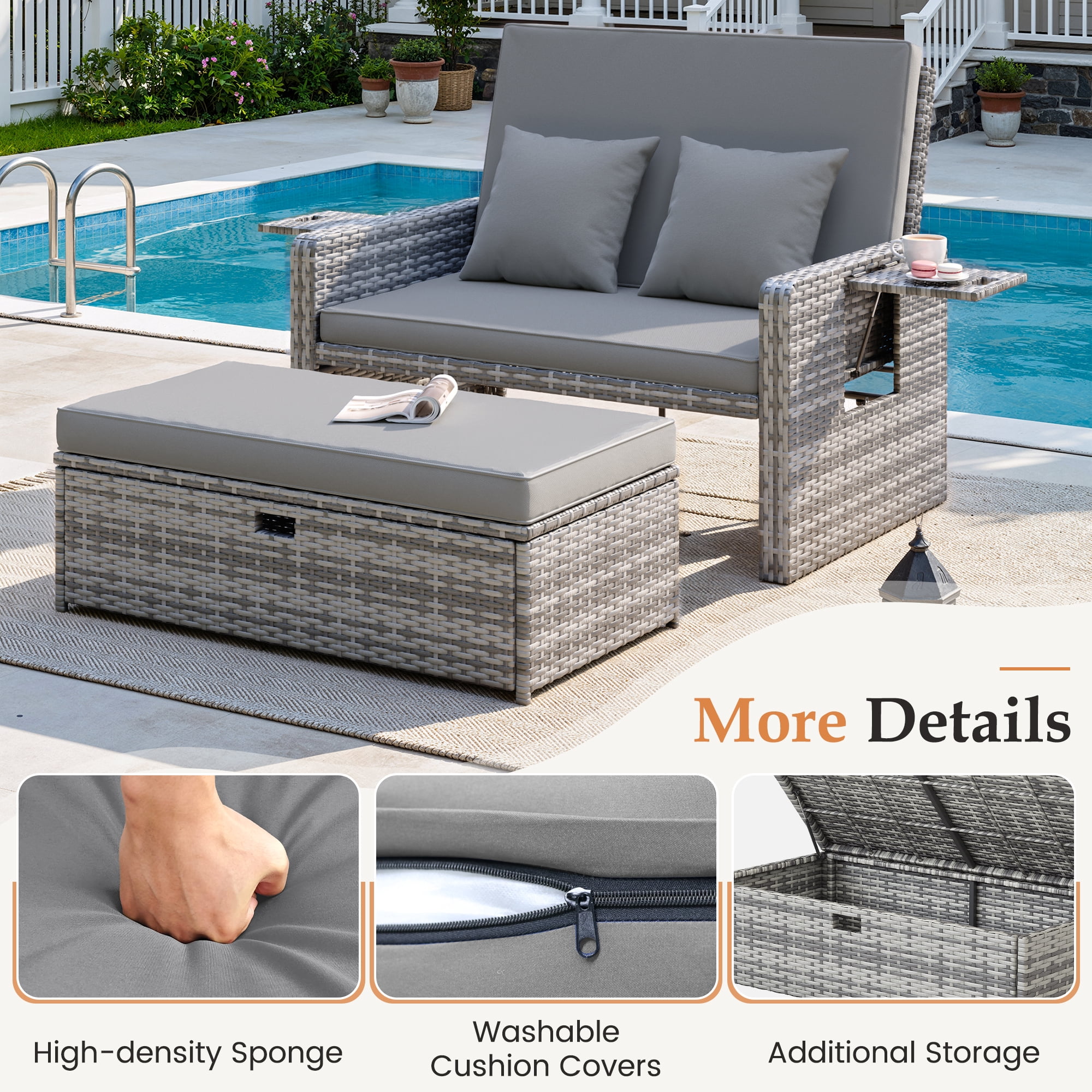 POTEBAN Wicker Outdoor Daybed-Outdoor Loveseat with Storage Ottoman, 4-Level Adjustable Backrest & Cushions for Balcony, Garden, Poolside (Gray)