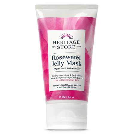 Heritage Store Rosewater Jelly Mask, Hydrating Facial Treatment for Dry Combination Skin, Refreshing Gel Face Mask Locks in Moisture with Hyaluronic Acid & Rose Complex, Vegan & Cruelty Free, 2oz