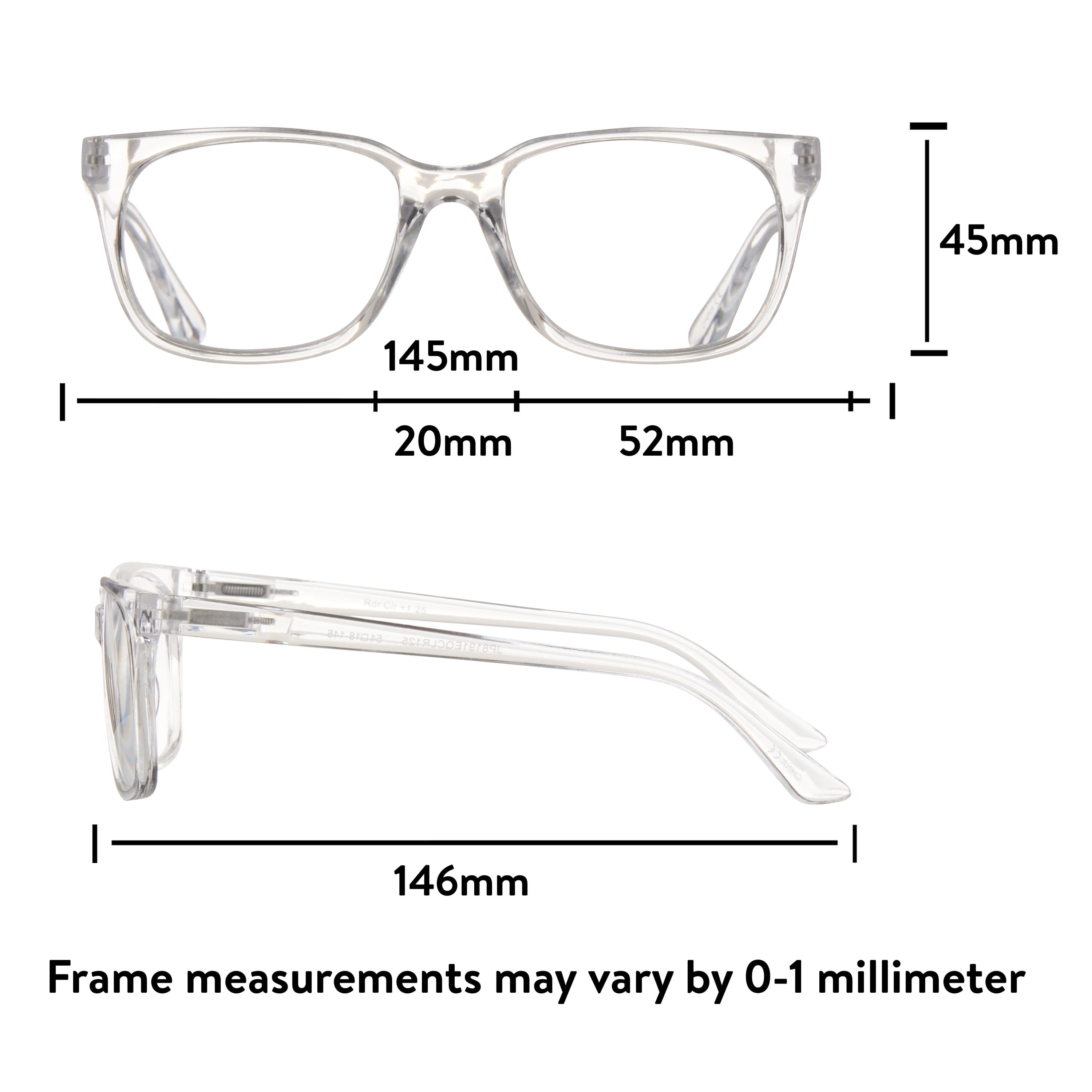 Equate Unisex Rectangular Single Vision Reading Glasses with Case, Plastic Lenses, Clear, +1.75