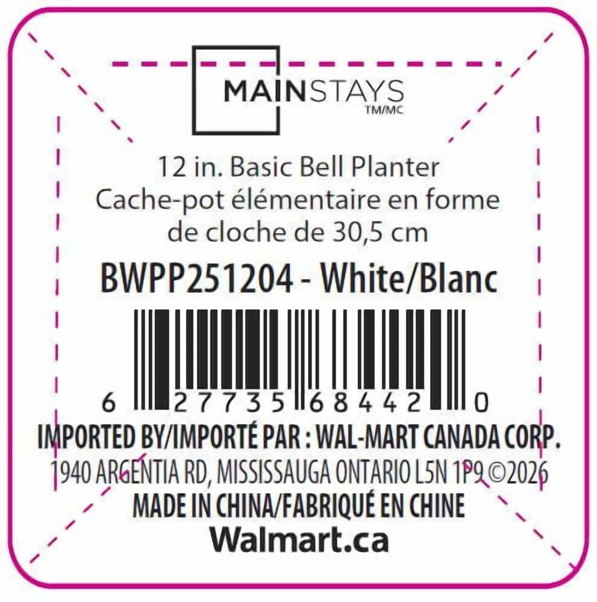 Mainstays Basic bell planter 12 inch White, Classic Design with Attached Tray Durable Weather Resistant, 12" white bottom tray. Durable, lightweight, and weather-resistant.