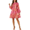 thumbnail image 2 of INSPIRE CHIC Women's Smocked Ruffle Neck Long Sleeve Floral Chiffon Dress XS Rose Pink, 2 of 6