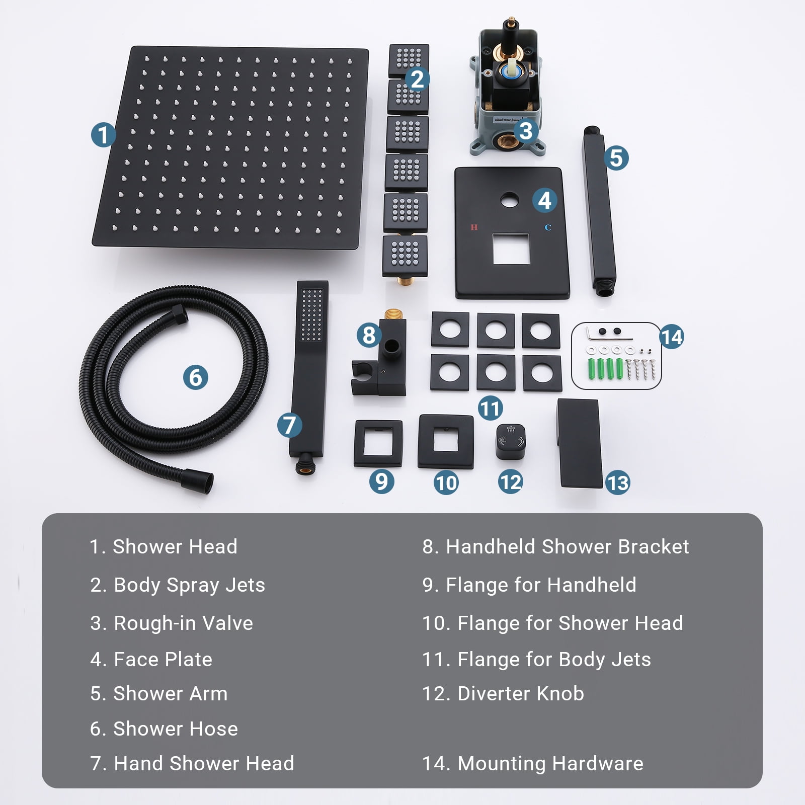 Full Body Shower System with Body Shower Spray Jets, 12'' Ceiling Shower Head System with Jets & Hand Shower, Matte Black Rain Shower System Faucet Set with Jets & Valve