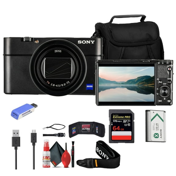 Sony Cyber-shot RX100 VII Compact Camera (DSC-RX100M7) 20.1MP 1.0-Type Stacked CMOS Sensor | 64GB Memory Card Case Card Reader Flex Tripod Memory Wallet Cleaning Kit International Model