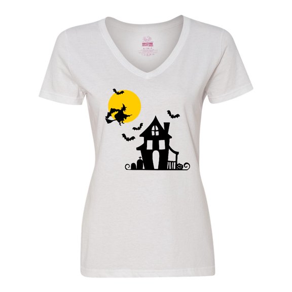 Inktastic Halloween Haunted House Witch and Bats Women's V-Neck T-Shirt