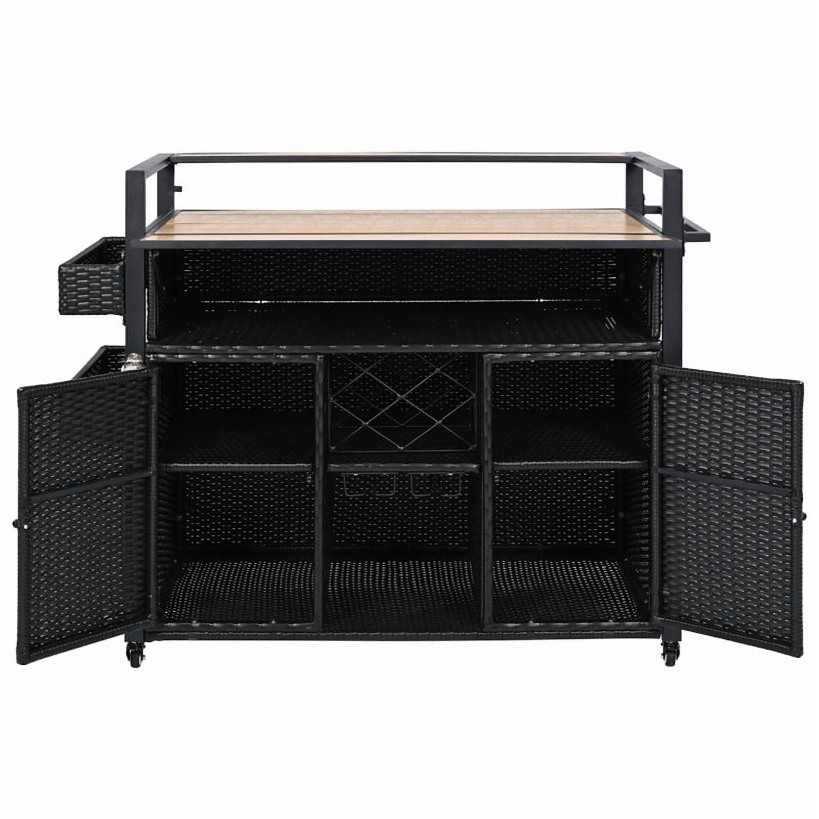 Outdoor Kitchen Island with Extended Plastic Wood Table Top, Wicker Outdoor Grill Cart with Storage Cabinet and Wine Rack for Patio Backyard