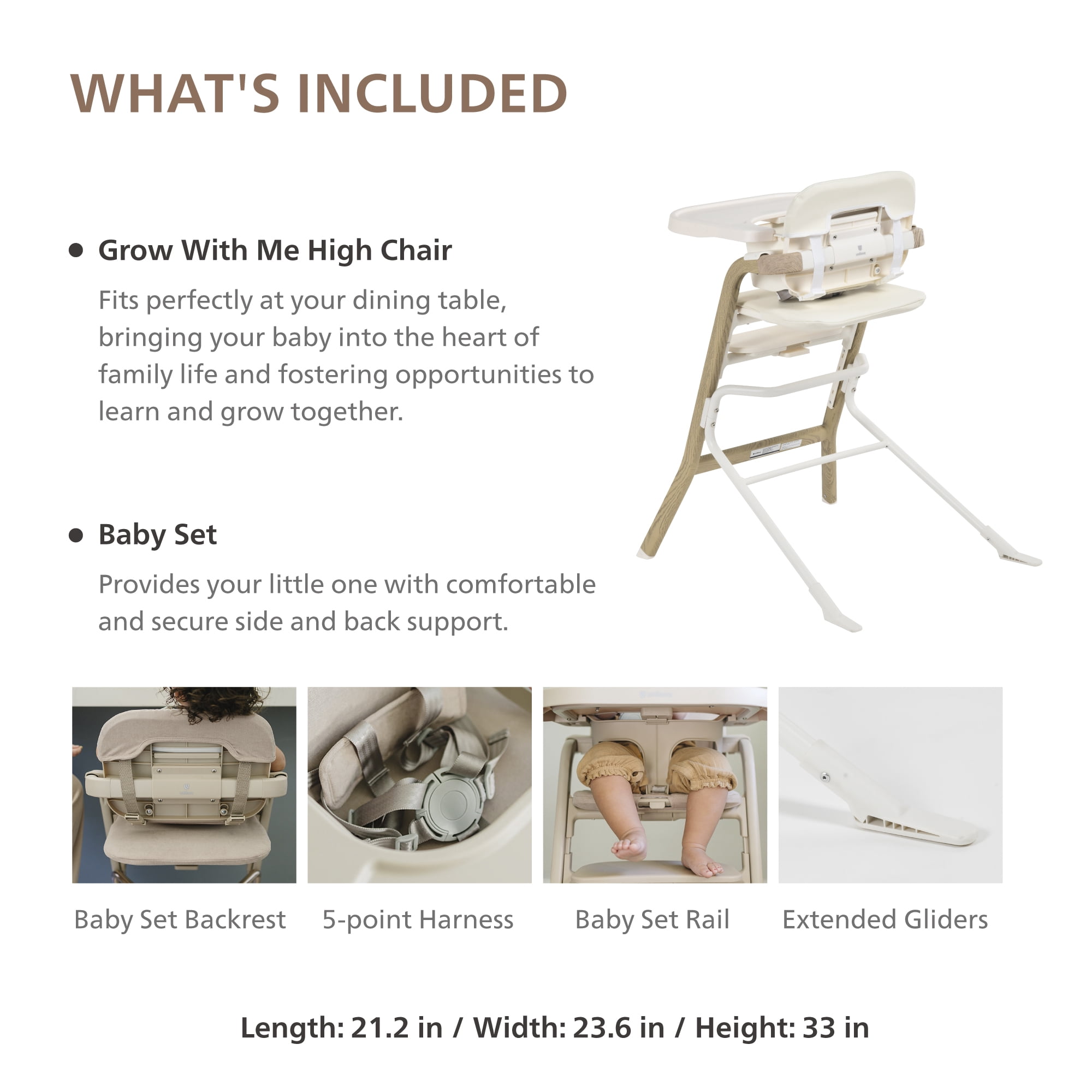 Unilove Grow With Me 2-in-1 Baby High Chair – Adjustable Toddler Chair with Baby Set, Removable Harness, One-Hand Seat & Footrest Adjustment - Vanila White