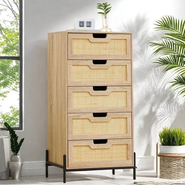 Natural rattan 5 - cajón cómoda: de madera chest con solid metal legs, estilo rural - style almacenamiento gabinete para dormitorio, sala de estar & entrada (oak)