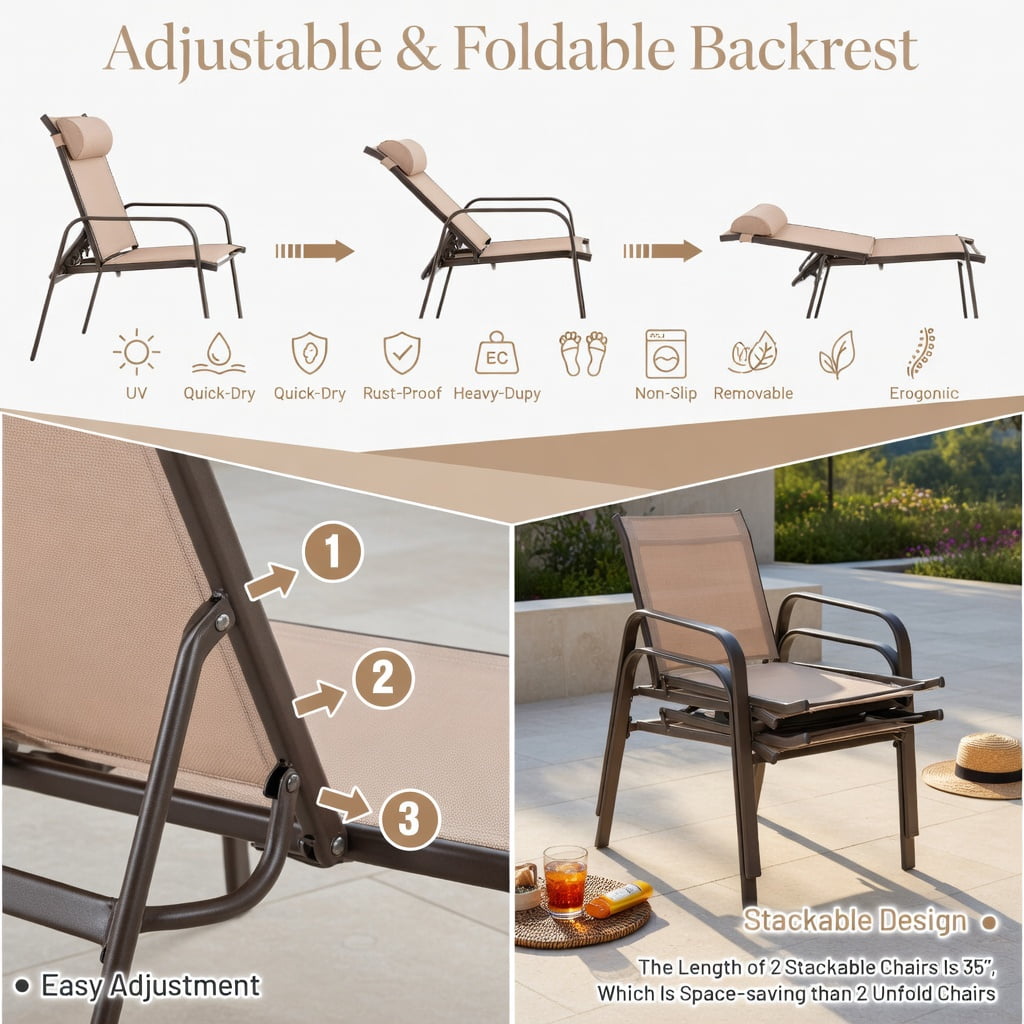 Hommoo 3-Piece Outdoor Bistro Set, Stackable Steel Chairs with Adjustable Backrest & Headrest, Tempered Glass Table, Brown