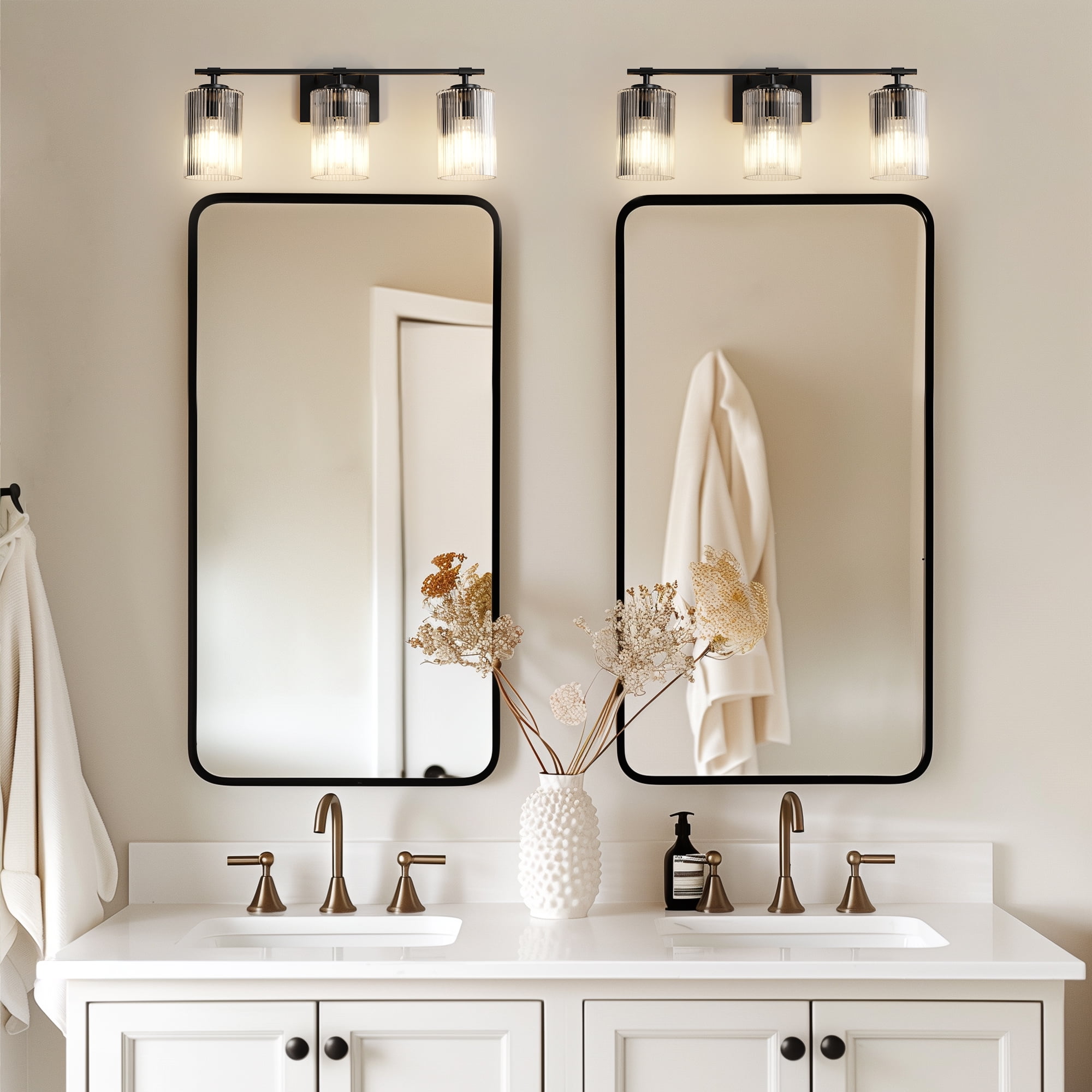 YANSUN 24 in 3-Light Black Vanity Light with White Cylinder Glass Shades for Bathroom, Mirror, Vanity Area