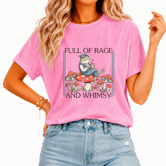 Cozymy Women Funny Frog Mushroom Tee Washed Whimsical Animal Top Cute Tea Drinking Graphic Shirt Retro Storybook Style Illustration