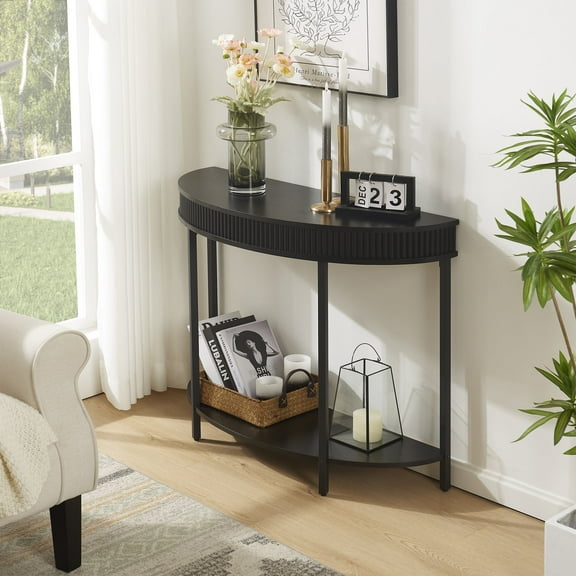 Rosary Blenn Fluted Half Moon Console Table, Modern 2-Tier Black Entryway Console with Storage