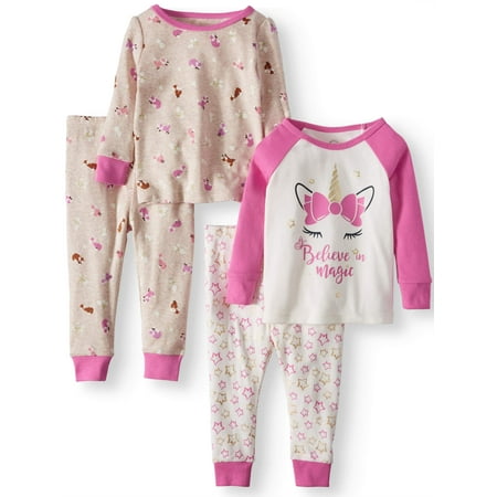Girls Sleepover Set - Wonder Nation Cotton Tight Fit Pajamas, 4-piece Set (Baby Girls)