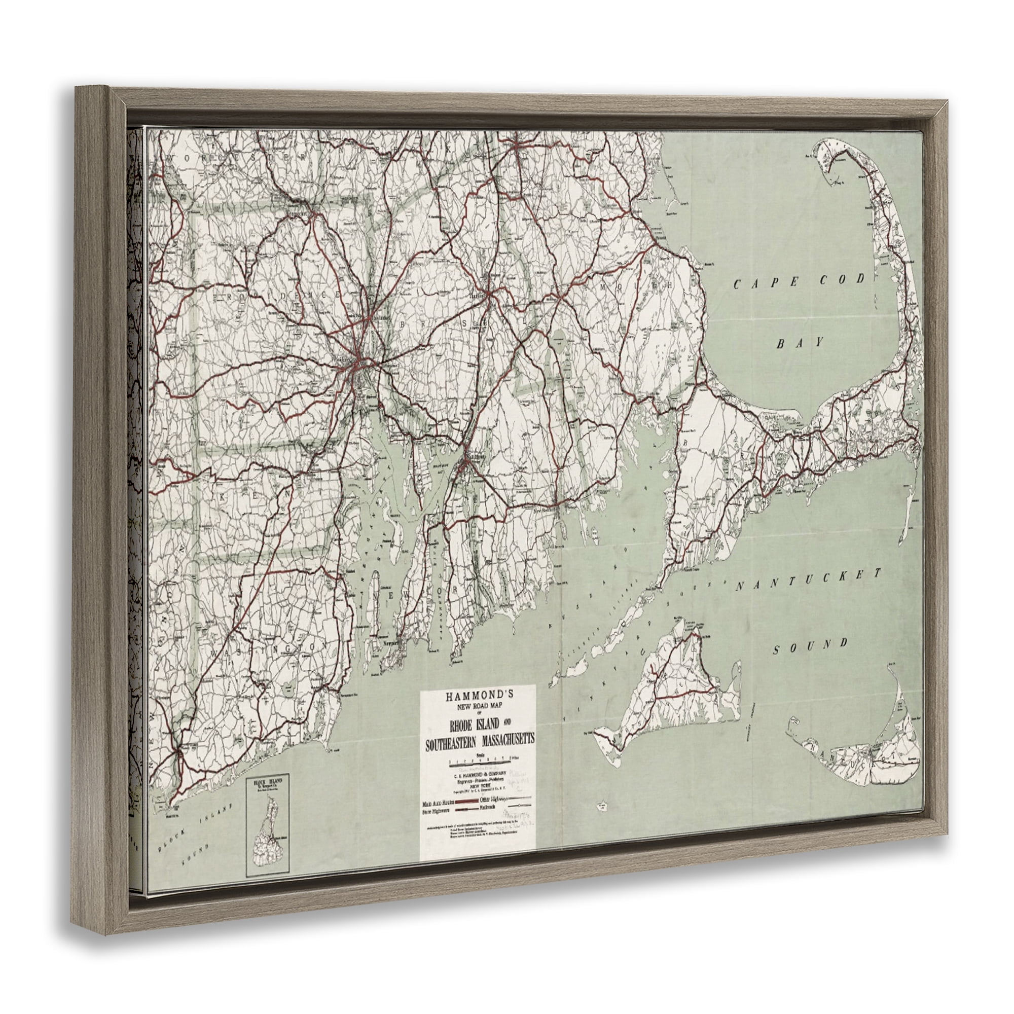 Stupell Industries Cape Cod & RI Map Cities & Countries Painting Brown Floater Framed Canvas Art Print Wall Art, 31 x 25