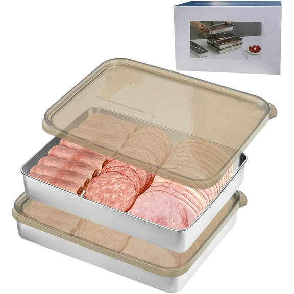2 Pack Large 304 Stainless Steel Airtight Deli Meat Storage Container for Fridge,Kitchen Meat Saver Storage Container/Bacon storage container for fridge