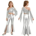 thumbnail image 6 of Miutii Kids Girls 2 Piece Sequin Dance Outfit Long Sleeve Metallic Fringed Crop Top and Stretchy Bell Bottom Pants Silver 6, 6 of 7