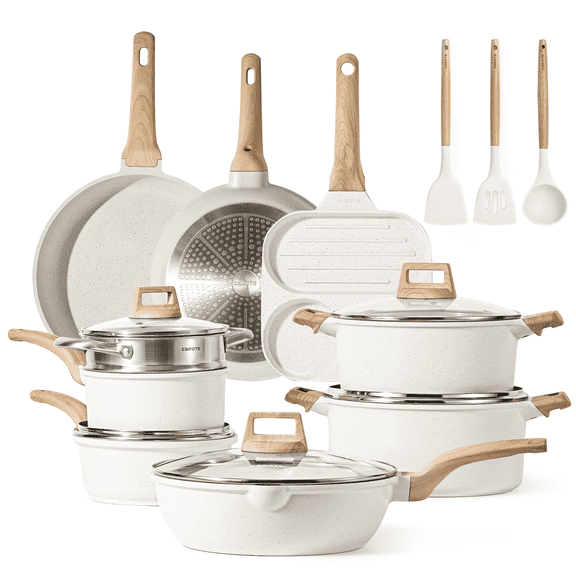 Carote Nonstick Cookware Set 15-Piece,Kitchen Pots and Pans Set,Stay-Cool Handles,Induction Compatible,Cookware Set for RV and Camping,White