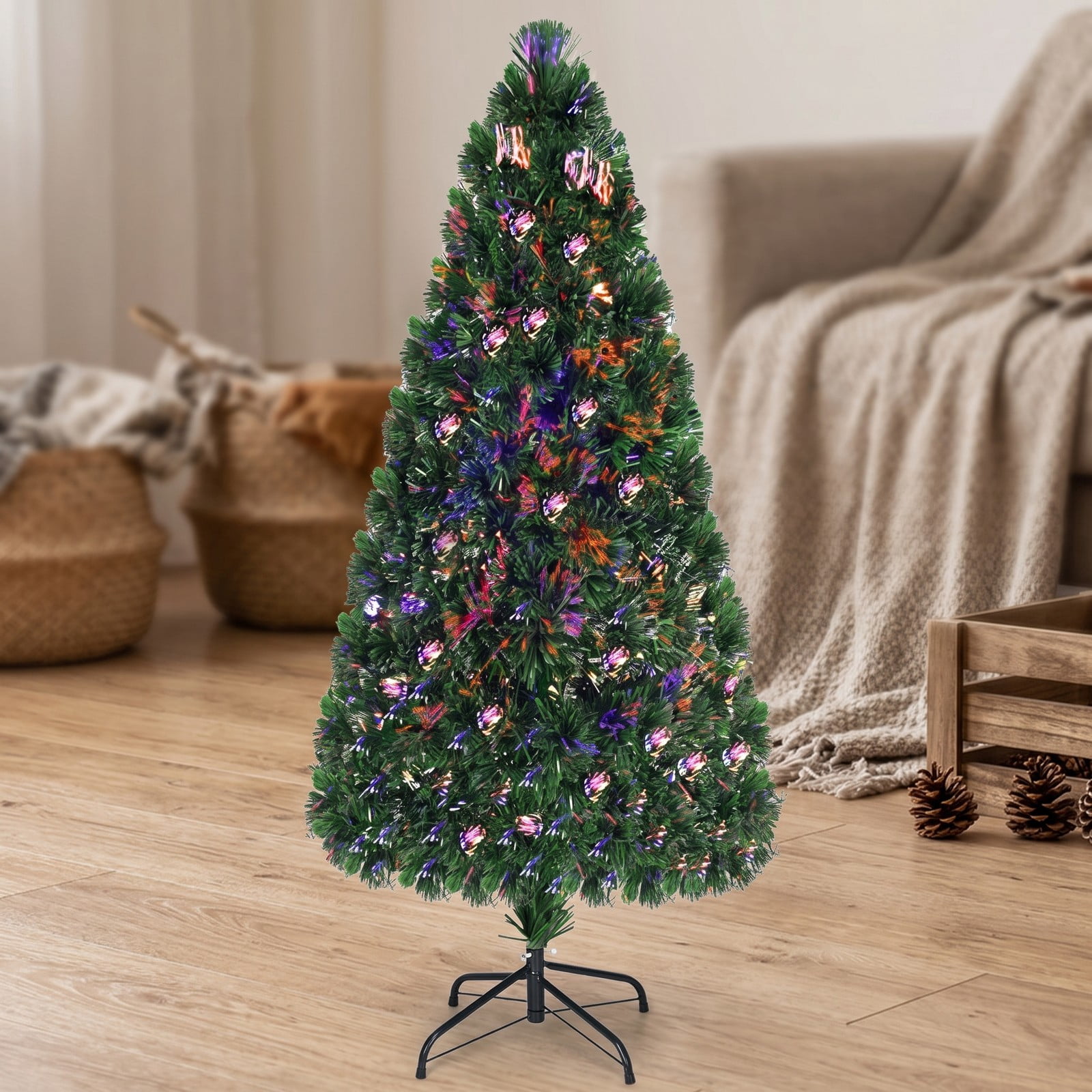RUIE 6 FT Fiber Optic Artificial Christmas Tree, Pre-Lit PVC Xmas Tree with 220 Tips, 7-Color Changing LED Lights and Plastic Stand for Indoor Holiday Decoration, Green