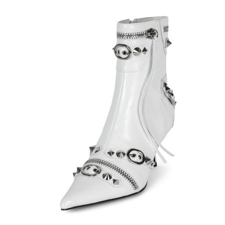 XYD Women s Fashion Rivets Studded Ankle Boots Pointed Toe Kitten Low Heels Zipped Short Booties Dress Clubs Shoes Size 10.5 White