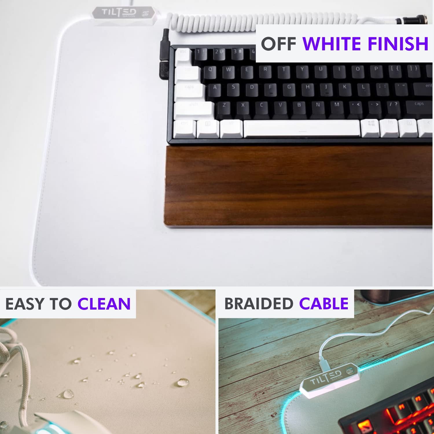 Tilted Nation Bone White Gaming Mouse Pad RGB - Bright LED Gaming Mousepad XL White