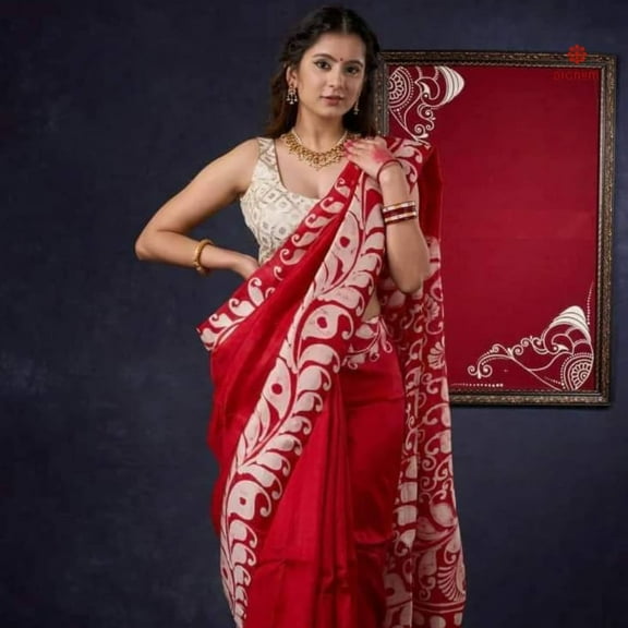 Dark Red Hand Painted Batik Pure Silk Saree