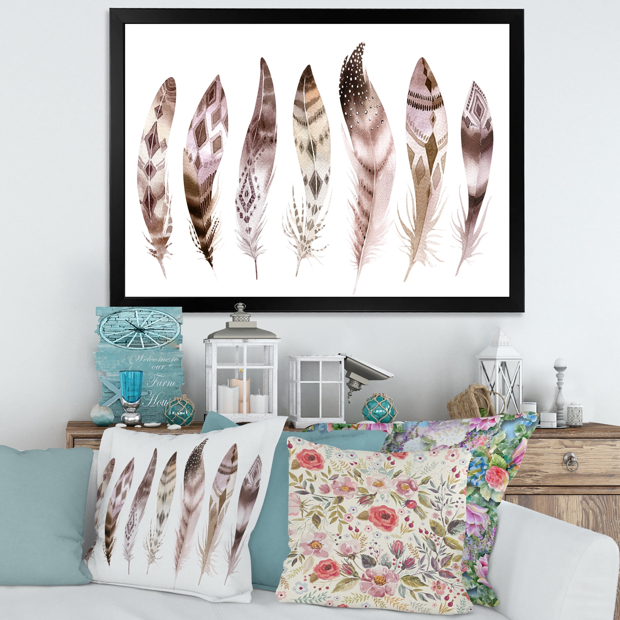 Designart 'Colourful Boho Art Feather Set X' Bohemian & Eclectic Framed Art Print