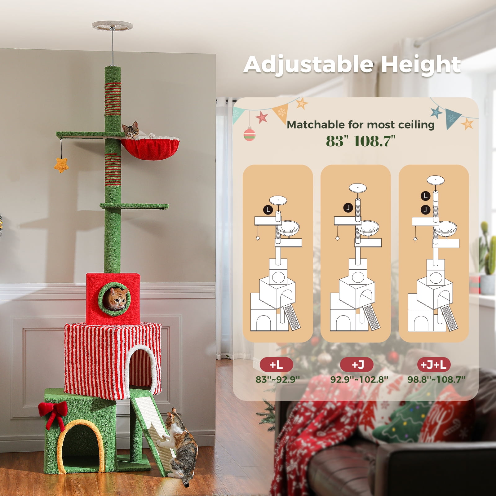 Pefilos Christmas Cat Tree for Adult Cats, Adjustable Height 83-108'' Floor to Ceiling Cat Tower with 3 Condos, Hammock, Thick Scratching Posts, Red
