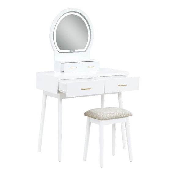 Anvy Vanity Desk Set with Mirror and Stool- 4 Drawers- White Wood