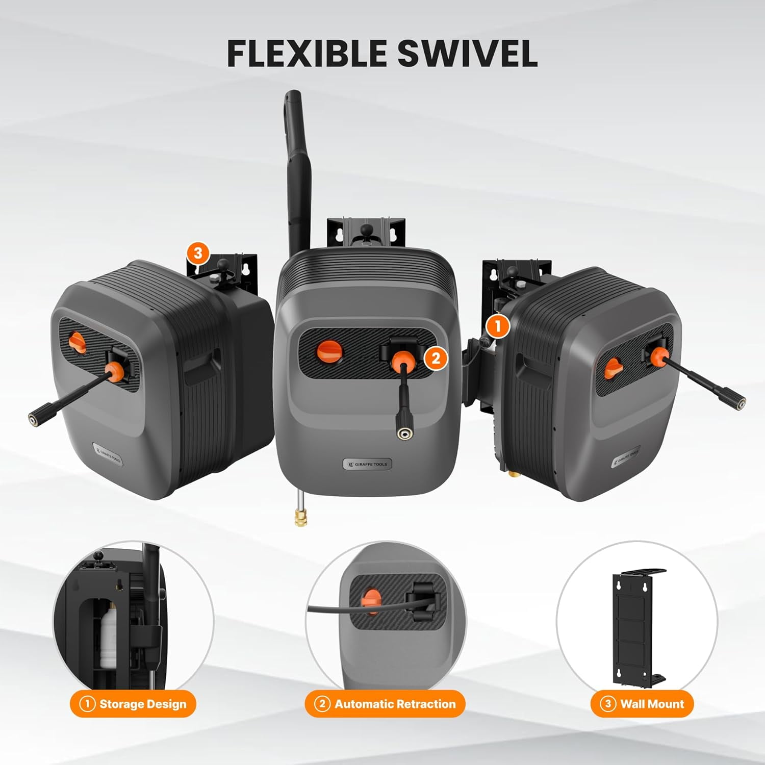 Giraffe Tools Max 2500 PSI Grandfalls Pressure Washer G20BPRO with 65ft Retractable Hose, Wall-Mount, Bach Sliver