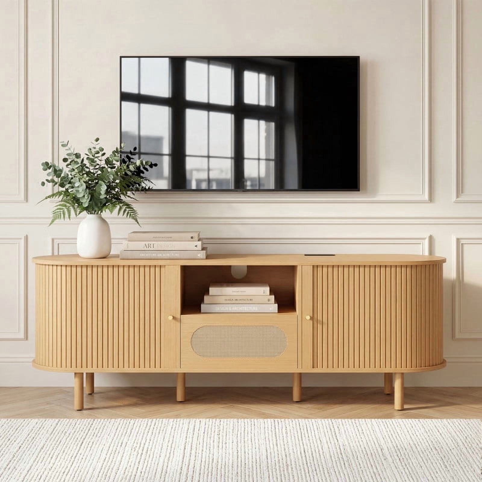 Spruce & Spring Tambour TV Stand with Power Outlet, Mid-Century Modern Entertainment Center, Rattan Drawer & Fluted Sliding Doors, Solid Wood Legs & Cable Management, Oak, for TVs up to 70 Inch