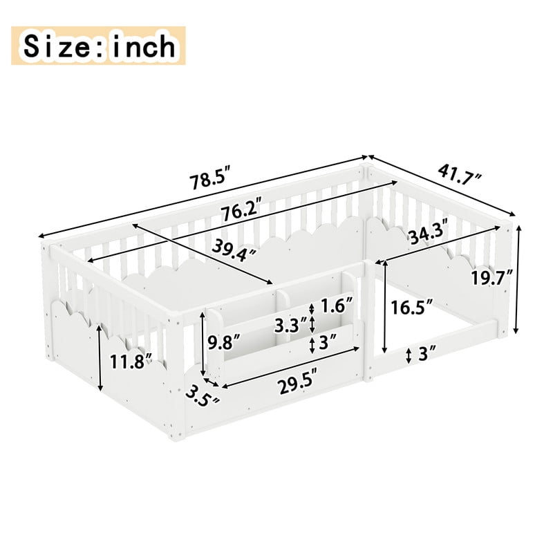 Twin Size Floor Bed with Heightened Fence, Kids Platform Bed Frame with No Slat, Montessori Storage Bed with Bookshelf