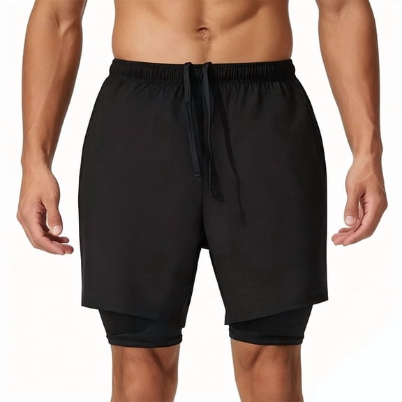 Men's 2 in 1 Running Shorts Quick Dry Gym Athletic Workout Shorts for Men with Phone Pockets Black S