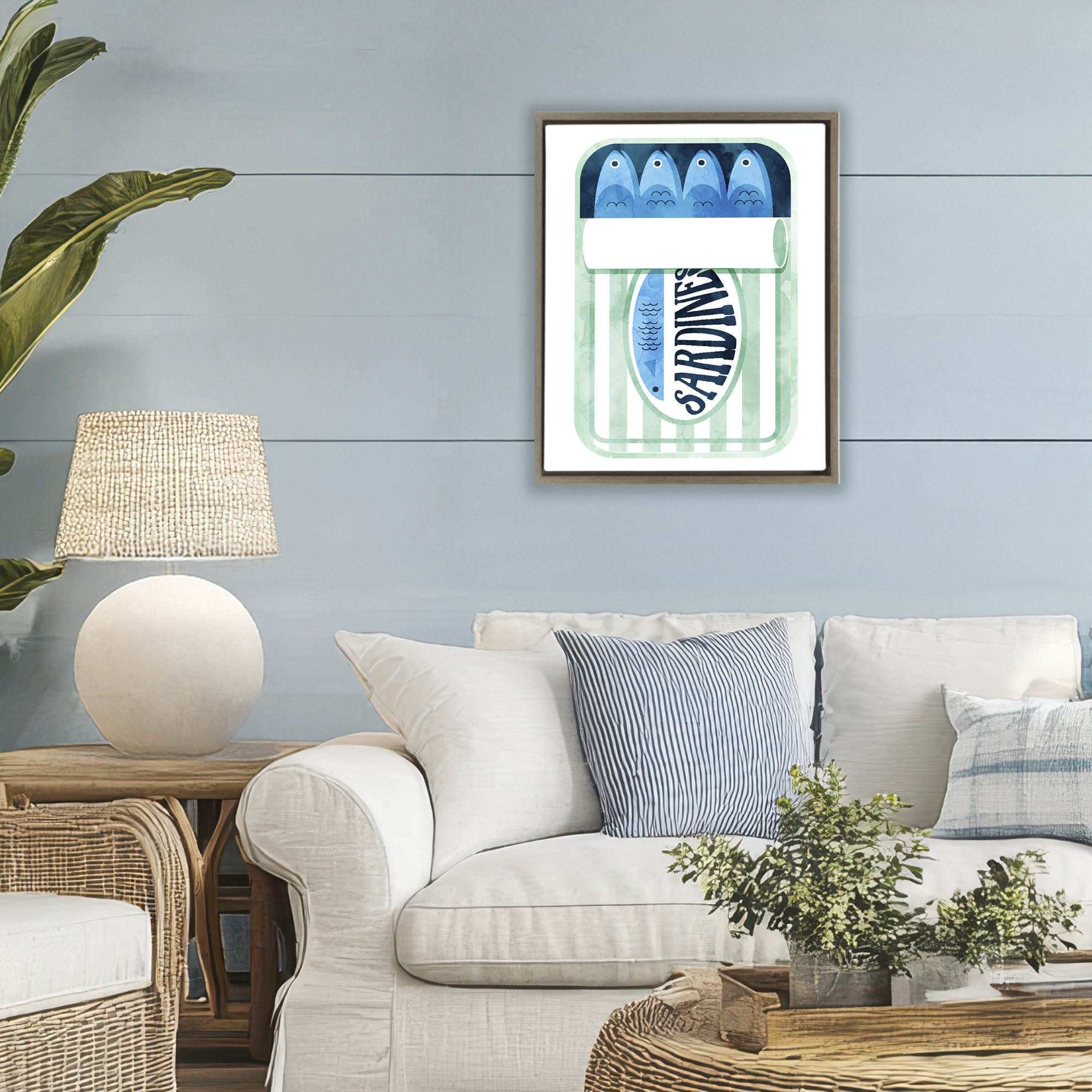 Green Stripe Sardine Tin Brown Framed Floater Canvas Wall Art, design by Daphne Polselli