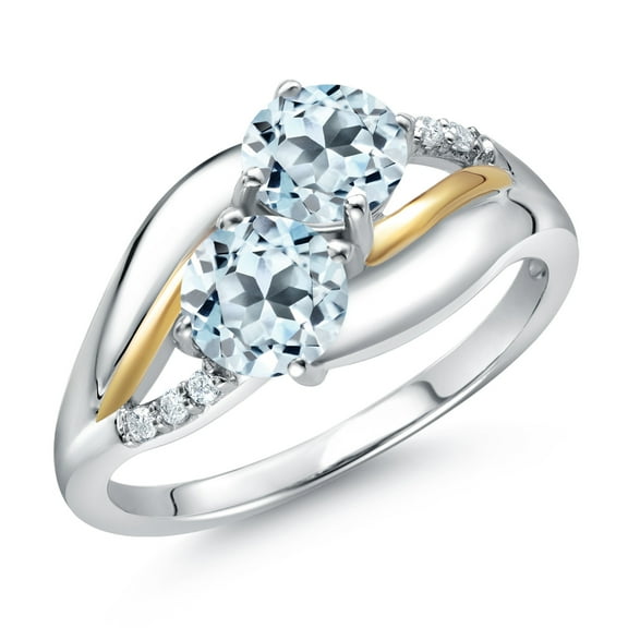 Gem Stone King 925 Sterling Silver and 10K Yellow Gold Sky Blue Topaz and White Lab Grown Diamond 2 Stone Engagement Ring for Women (1.44 Cttw, Round 5MM, November Birthstone, Size 9)