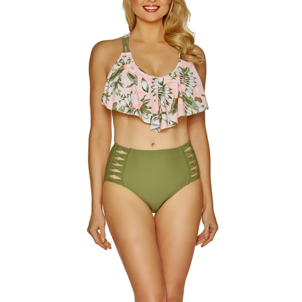 Women's Soft Floral Print Racerback Flounce Bikini Swim Top 