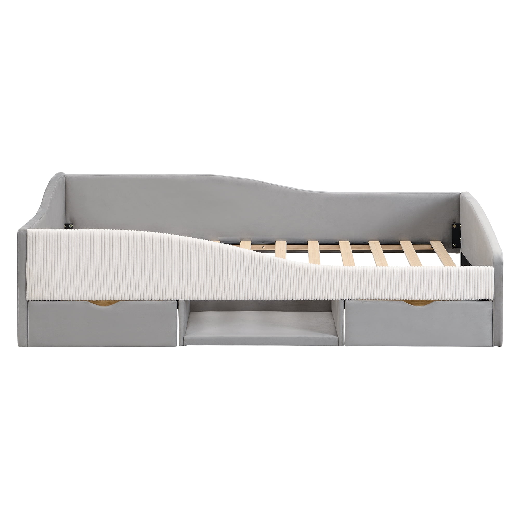 Mintazer Kids Twin Cool Upholstered Daybed Frame with 2 Storage Drawers & Open Shelf & Guardrail for Todder Boys Girls, Gray