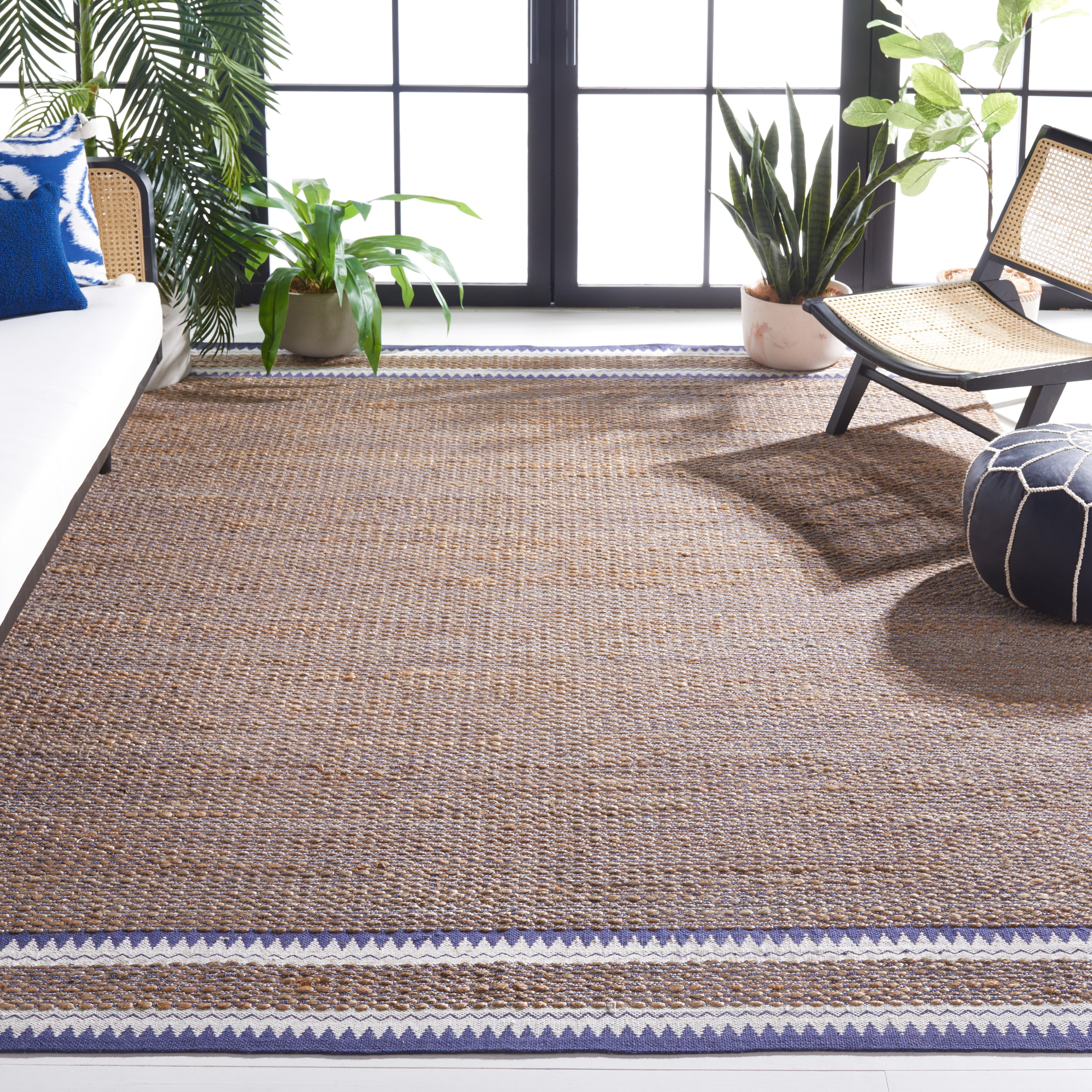 SAFAVIEH Natural Fiber Becky Solid Area Rug, Natural/Navy, 9' x 12'