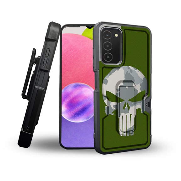 ANJ  Rugged Shockproof Holster Case Card Slot Kickstand   Tempered Glass Cover for Samsung Galaxy A03s - Army Green Skull