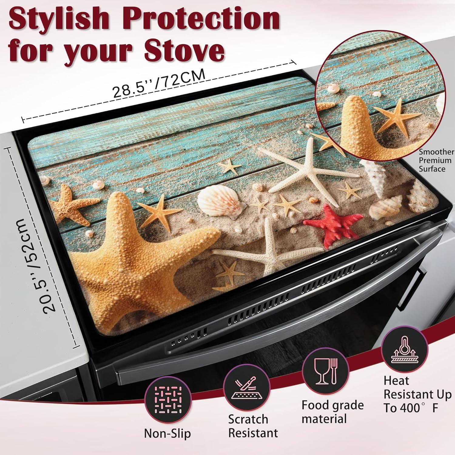 Beach Seashell Starfish Electric Stove Top Cover Protector,Blue Wooden Glass Flat Top Stove Mat,Heat-Resistant Oven Induction Cooktop Mat for Ceramic Countertop Mats Dish Drying Mat