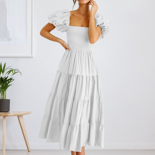 Vestido Plisado De Mujer Vestido plisado de mujer con mangas abullonadas, vestido de columpio grande fruncido para fiesta (blanco XL) Cgtredaw Para estrenar
