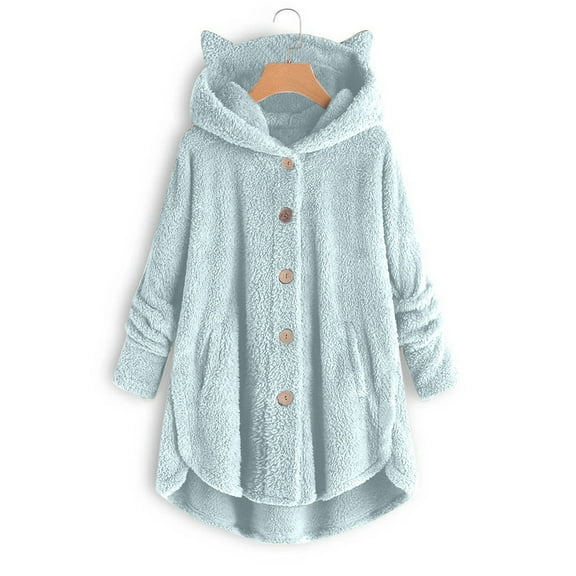 CEHVOM Women Button Plush Tops Hooded Loose Cardigan Solid Color Coat Jacket